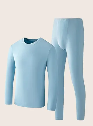 Mens Solid Color Skin Friendly Thick Long Johns Fleese And Thermal Underwear Set, 2 Piece Cold Weather Base Layer Set for Men Blue 