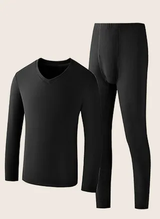Mens Solid Color Skin Friendly Thick Long Johns Fleese And V-Neck Thermal Underwear Set, 2 Piece Cold Weather Base Layer Set for Men Black 