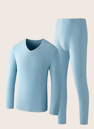 Mens Solid Color Skin Friendly Thick Long Johns Fleese And V-Neck Thermal Underwear Set, 2 Piece Cold Weather Base Layer Set for Men Blue 