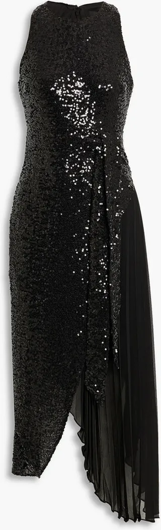 Asymmetric crepe de chine-paneled sequined tulle midi dress