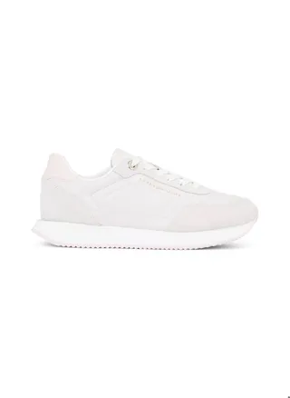 Women's Suede Mixed Texture Runner Trainers -  Suede upper, white 