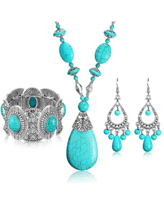 Bohemian Turquoise Set Turquoise Pendant Necklace, Vintage Turquoise Dangle Earrings, Stretchable Turquoise Bracelet for Women Statement Boho Jewelry Set 