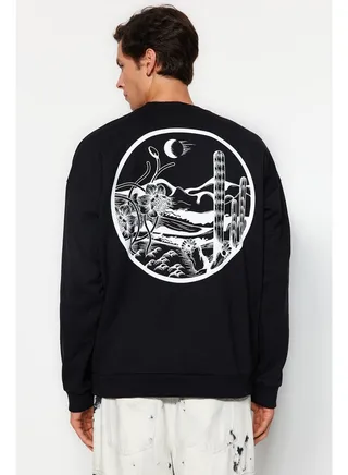 Men's Black Oversized Tropical Back Printed Sweatshirt with Soft Pillows and Cotton TMNAW22SW0796. 