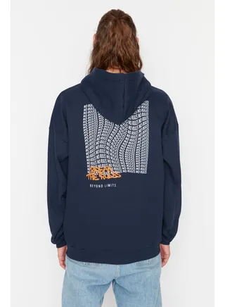 Navy Blue Men's Oversize Text Printed Sweater with Soft Pillows and Cotton inside TMNAW23SW00016 