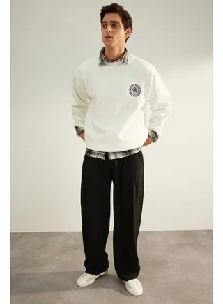 Ecru Men's Oversize Floral Embroidery Cotton Sweatshirt with a Soft Pillow Inside. 