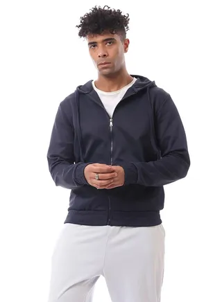 Front Kangaroo Pocket Navy Blue Stitched Sweatshirt 