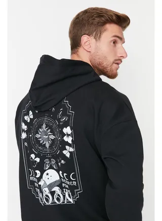 Black Men's Oversize Hoodie. Space Printed Cotton Sweatshirt with a Soft Pile Interior TMNAW23SW00344. 