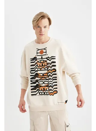 Man Oversize Fit Crew Neck Long Sleeve Knitted Sweat Shirt 