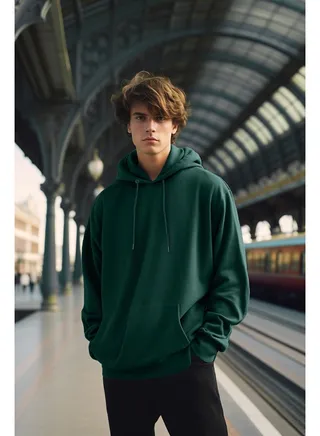 Green Men's Oversize Basic Crew Neck Long Sleeve Hooded Sweatshirt with Soft Pillows. 