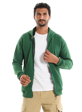 Ribbed Cuffs & Hem Plain Green Zipper Sweatshirt 