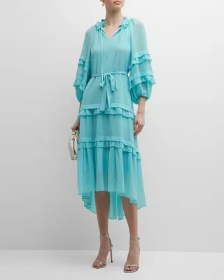 Koa Tiered Blouson-Sleeve High-Low Midi Dress