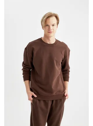 Man Boxy Fit Crew Neck Long Sleeve Knitted Sweat Shirt 