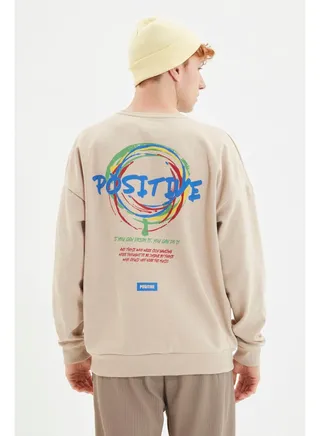 Men's Beige Oversize Fit Crew Neck Printed Sweatshirt 