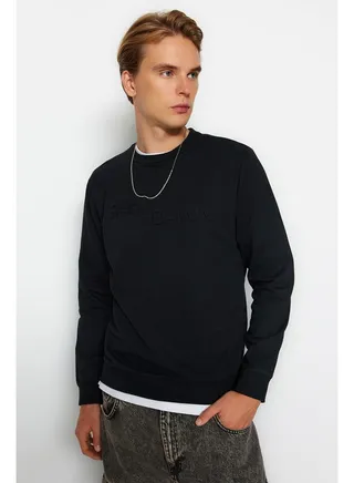 Men's Black Regular Fit Crew Neck Long Sleeve Printed Sweatshirt 