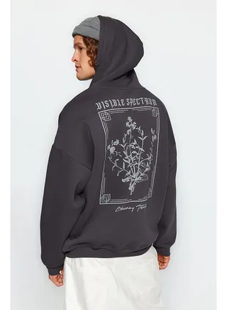 Anthracite Men's Oversize Hooded Fluffy Floral Print Fleece Inner Sweatshirt. 