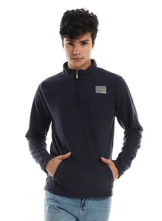 Long Sleeves Chest Stitched Patch Sweater - Navy Blue 