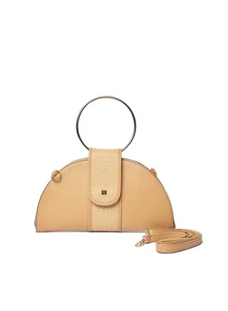 Fancy Faux Leather Logo Embellished Faubag With Shoulder Strap And Metal Handle 