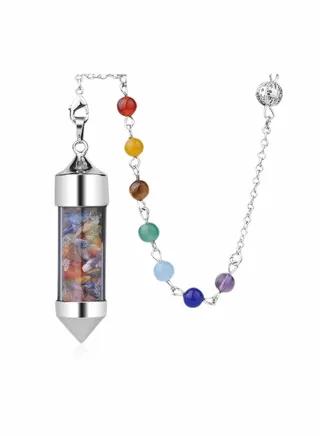 Healing Crystals 7 Chakra Pendulum Pendant, Crystals and Gemstones Pendulum Board for Dowsing Amulet, Scrying, Reiki Healing Balance Meditation Divination Crystal Pendant Wishing Bottle 