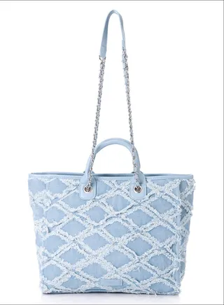 Extra Handle Diamond Tassles Detail Denim Shoulder Bag 