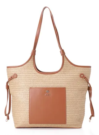 Braided Pattern Beige Straw Shoulder Bag 