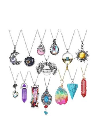 Vintage Crystal Pendant Necklaces for Women Girls Chakra Healing Carnelian Necklace Bohemian Retro Sunflower Necklace Sun and Moon Pendants 14PC 