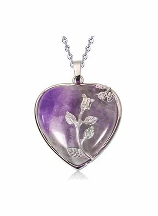 Natural Healing Crystal Necklaces, Rose Flower Wire Wrapped Heart Stone Pendant Gemstone Necklace Amethyst Jewelry for Women Girls Reiki Gift 