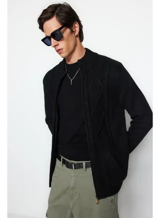 Men's Black Slim Fit Knit Detail Zippered Pocket Knitwear Cardigan 