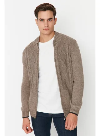 Men's Mink Slim Fit Knit Detail Zippered Pocket Knitwear Cardigan 