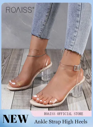 Women Transparent Strappy High Heels Women Thick Heel Sandals Women Buckle High Heels 