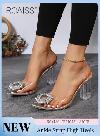 Women's Transparent Rhinestone High Heels Women's Pointed Toe High Heel Sandals Women's Thick Heel High Heels 