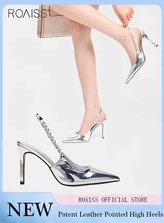Women's Fashionable Patent Leather Pointed Thin High Heels Leaky Heel Design Versatile Rhinestone Decorative Sandals Baotou Closed Toes Banquet Dress Wedding Sandals 