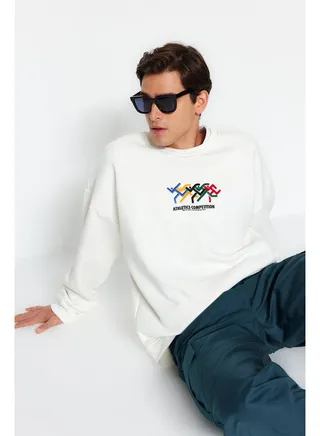 Men's Ecru Oversize/Wide-Cut Olympic Embroidery and Printed Fleece Sweatshirt. 