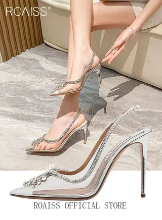 Women Rhinestone Decor Slingbacks PVC Stiletto Heeled Glamorous Pumps Fashion Crystal High Heels Slip On Slingback Pointed Closed Toe Transparent PVC Dress Wedding Sandals Summer Shoes 