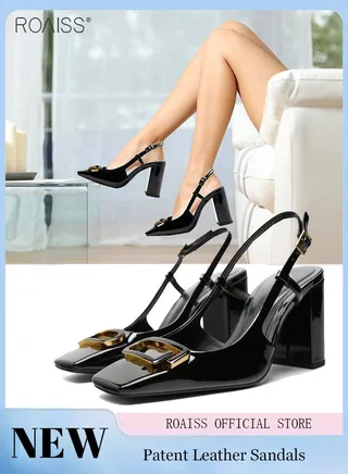 Fashionable Patent Leather Thick Heel High Heels Women'S Daily Commuting Slingback Square Toe Design Summer Thick Heel Sandals 
