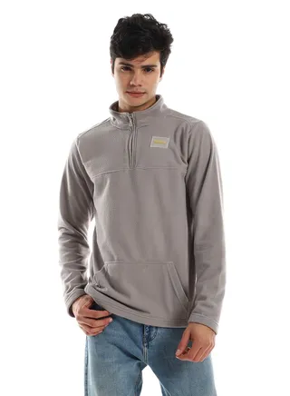 Zip Through Neck Long Sleeves Sweater - Grey 
