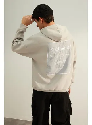 Men's Gray Oversize Sweatshirt with Embroidery and Fabric Detail on the Back, and a Soft Pillow interior. 