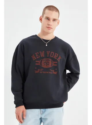 Navy Blue Men's Oversized Long Sleeve Crew Neck Printed Sweatshirt. 