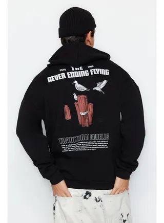 Black Men's Oversize Hoodie. Animal Printed Cotton Sweatshirt with a Soft Pile Inside. 