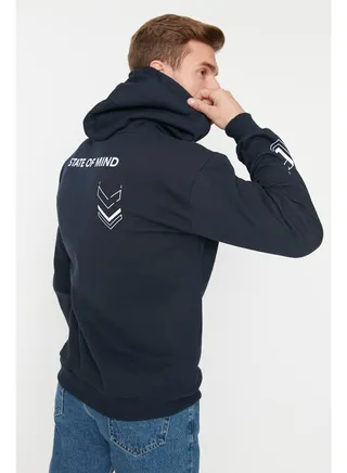 Navy Blue Men's Relaxed/Comfortable Cut Sweatshirt with Text Printed and a Soft Pile Inside TMNAW23SW00024 