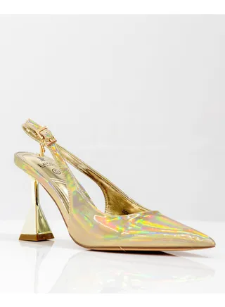 Sonia spool heel sling back pump gold 