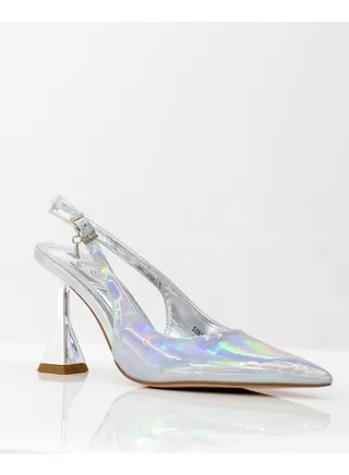 Sonia spool heel sling back pump silver 