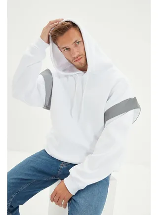 White Men's Oversized Fit Hooded Sweatshirt with reflective detail and a soft pile inside. TMNSS20SW0205. 