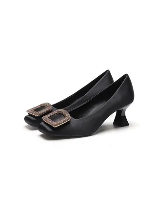 New Square Head Satin Solid Color Rhinestone Square Buckle Single Shoes High-heeled Shoes 