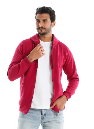 Beet Hooded Zipper Closure Plain Sweatshirt 
