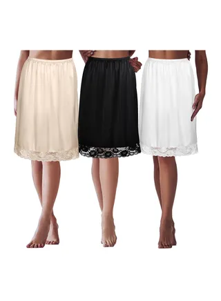 SYOSI 3 Pieces Women's Anti Static Satin Polyester Fabric Lace Half Slip Women's Silky Touch Anti Cling Above Knee Lace Half Slip Dress for Under Dresses, Waistline Approx 60 Cm/23.62 In 