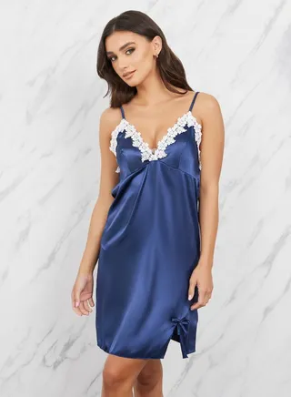 Floral Lace Trim V Neck Satin Slip Dress 