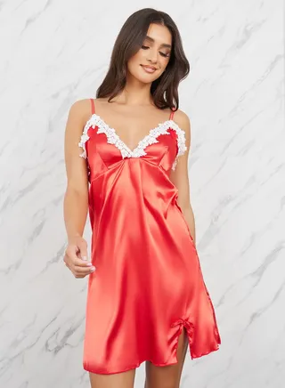Floral Lace Trim Satin Slip Dress with Slit Hem Bow Detail 