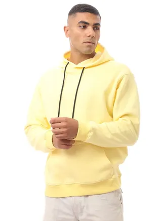 Yellow Cotton Slip On Hoodie With Drawstrings 