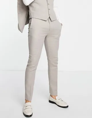 Topman skinny suit pants in stone herringbone