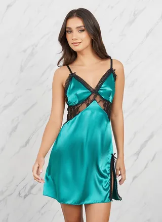 Satin Lace Insert Slip Dress with Side Slit 